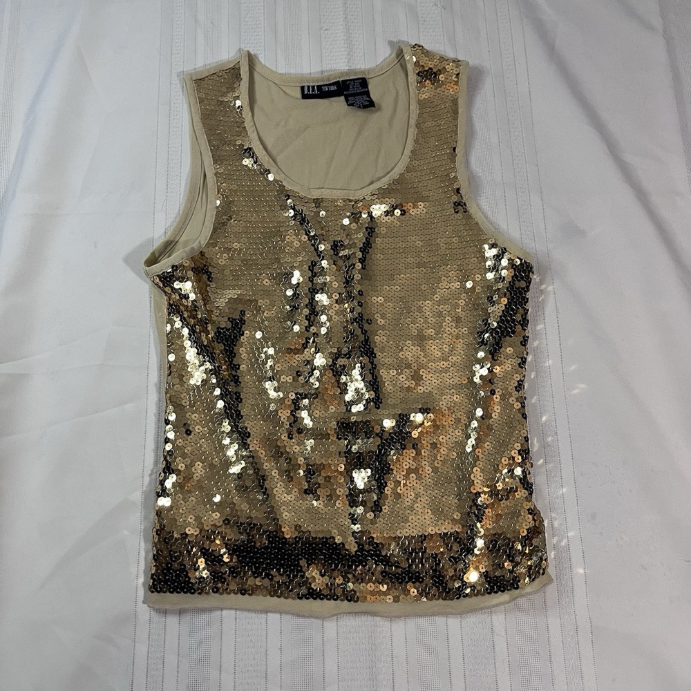 Vintage Y2K Gold Sequin Sheer Tank Top Women’s Large Sexy Coquette Holiday Party